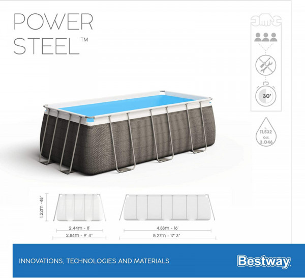 Каркасный бассейн Bestway Power Steel 488х244х122см, 11532л, фил.-насос 3028л/ч, лестница, тент, попл.-доз (56996 BW)