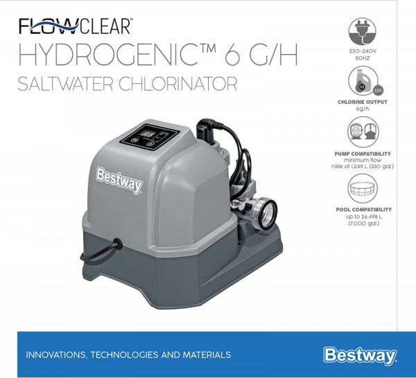 Хлоргенератор для бассейнов Bestway от 26498л, мин. поток 1249л/ч, хлор 6 г/ч (58678 BW)