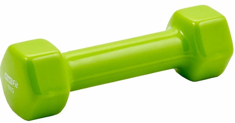 Гантель в виниловой оболочке, шестигранник PROFI-FIT 1 кг, зеленая